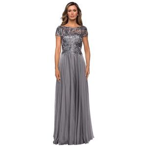 La Femme Lace Sequin Chiffon Gown 16 Elegant Formal Evening Glam Bridal Gray